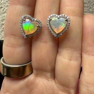 Heart-Shaped Opal Earrings with Diamond Accents. 18k white gold.